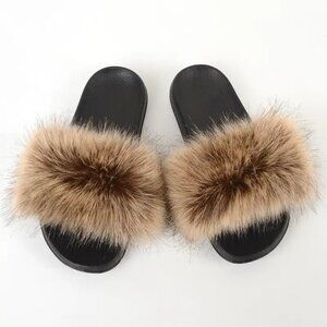 Women's Colorblock Fluffy Ball Slides, Slip On Open Toe Home Non-slip Casual